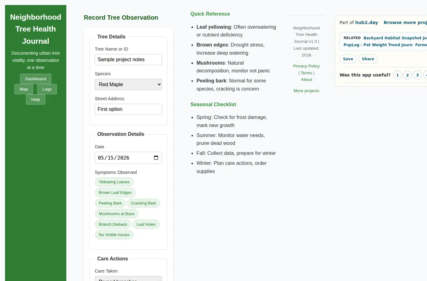 Screenshot of Neighborhood Tree Health Journal interface showing the project page in use
